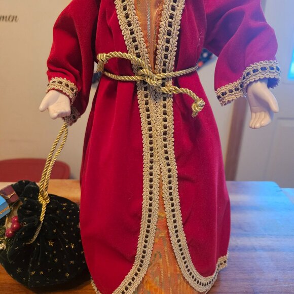 vintage santa christmas tabletop/treetop red velvet satin robe with bag w toys - Picture 8 of 10